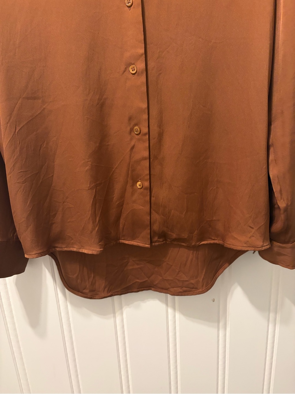 Quince Womens M 90% Silk Stretch Button Down Shirt Copper Brown High Low - Picture 5 of 11